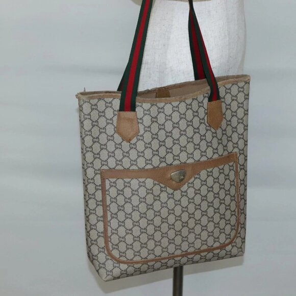 Gucci Handbags - GUCCI GG Plus Supreme Web Sherry Line Tote Bag PVC Beige Gold Auth BA5355